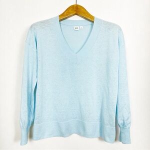 GAP Women’s Light Blue Linen Blend V-Neck Long Sleeve‎ Sweater Size Medium